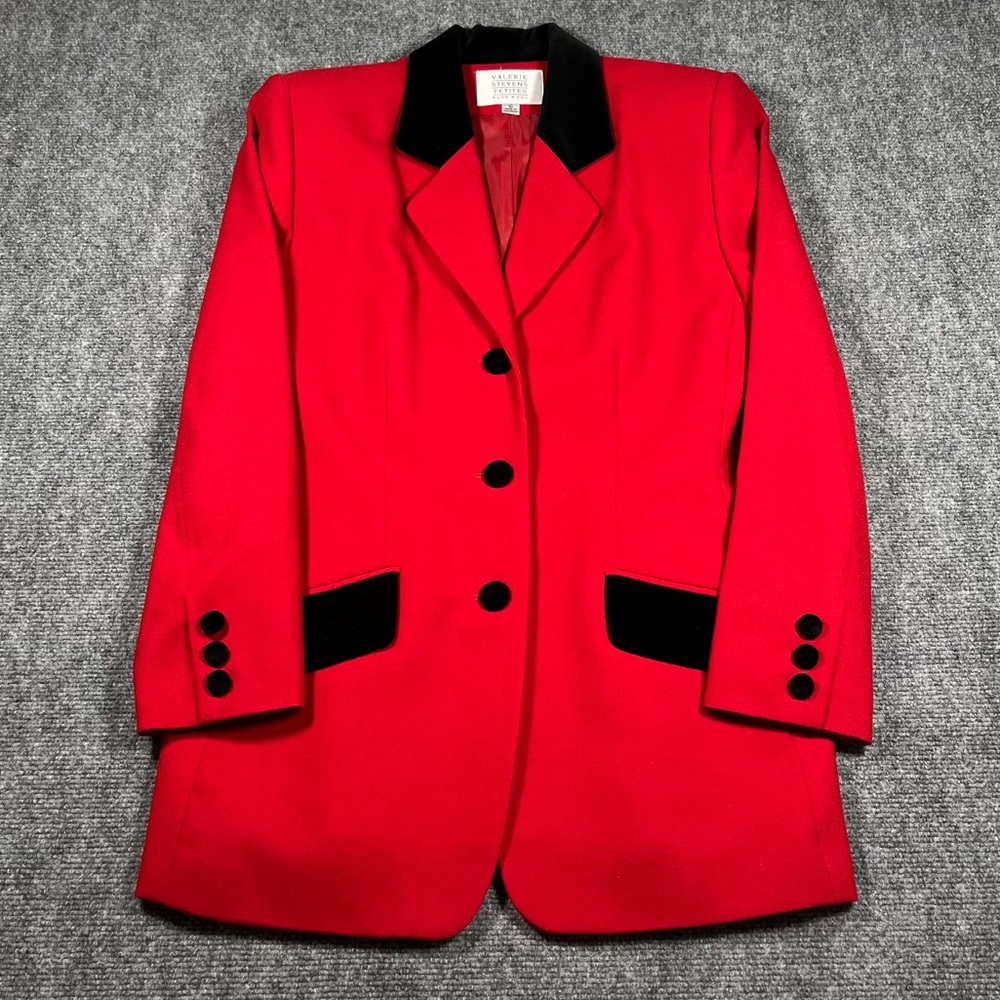 Valerie Stevens 100% Wool Classic Jacket Blazer Size 10 Red Black Velvet Holiday